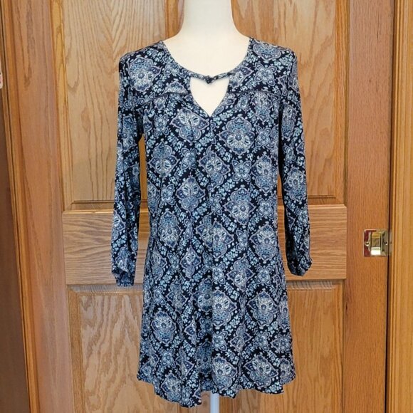 American Eagle Gauzy Babydoll Boho Peasant Blue Paisley Mini Dress - Picture 3 of 14